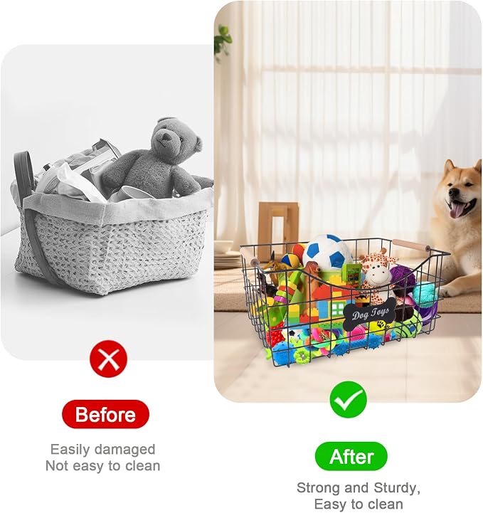 Metal Dog Toy Basket,Set of 2 Iron Wire Dog Toy Bin,Puppy Toy Box with Wooden Handle,Sturdy Dog Organizer Ideal for Leash,Blanket,Toys,Snacks,Accessories