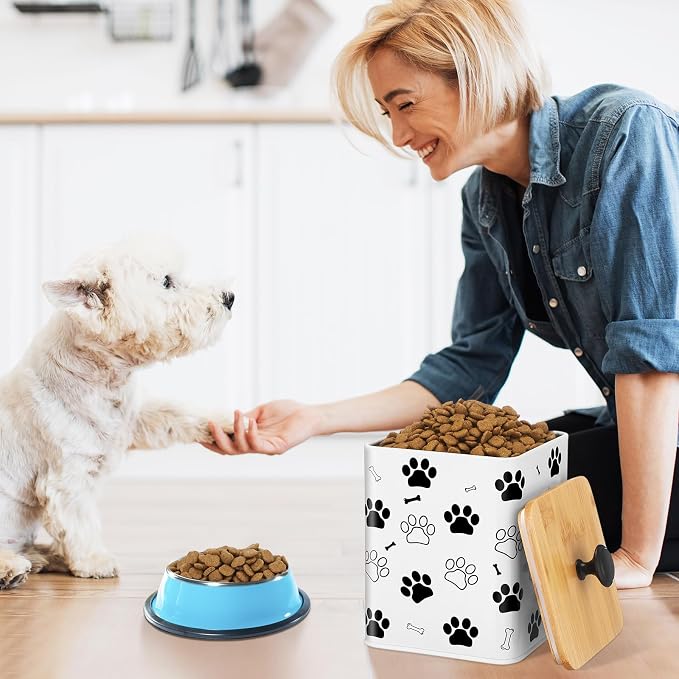 Reallnaive Airtight Dog Treat Container Set of 3 with Bamboo Lids Metal Treat Jars for Countertop Decorative Pet Snack Food Storage Canister Kitchen Biscuit Holder(White)