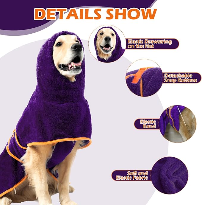 EXPAWLORER Soft Dog Bathrobe with Hood, Super Absorbent & Quick-Drying Dog Towels, Cozy Drying Coat for After Bath,Swimming, Purple XXL