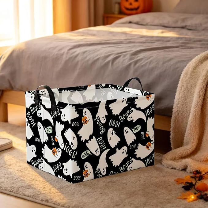 NTAO Gift Storage Basket Empty for Halloween, Storage Bin with Handles, Room Decor, Book Box(Black Ghost Boo)