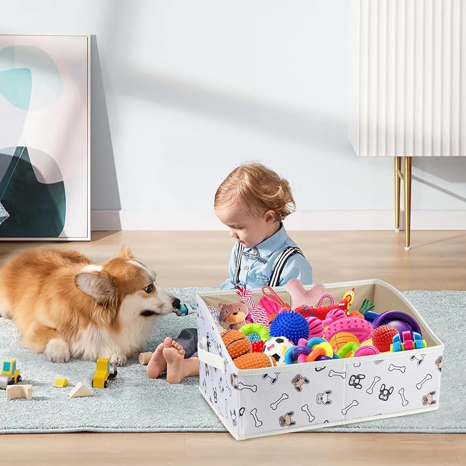 Geyecete Foldable Dog Toy Organizer Boxes - Cloth+Cardboard Trapezoid Storage Box with Handle, Basket for Toys (Beige Dog Head Print)