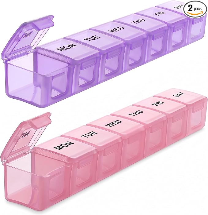 BUG HULL Weekly Pill Organizer Large 2 Packs, Extra Large Travel Pill Organizers, Pill Box 7 Day, Travel Pill Case, Medicine Pill Organizer for Medications (Lavender+ Pink)