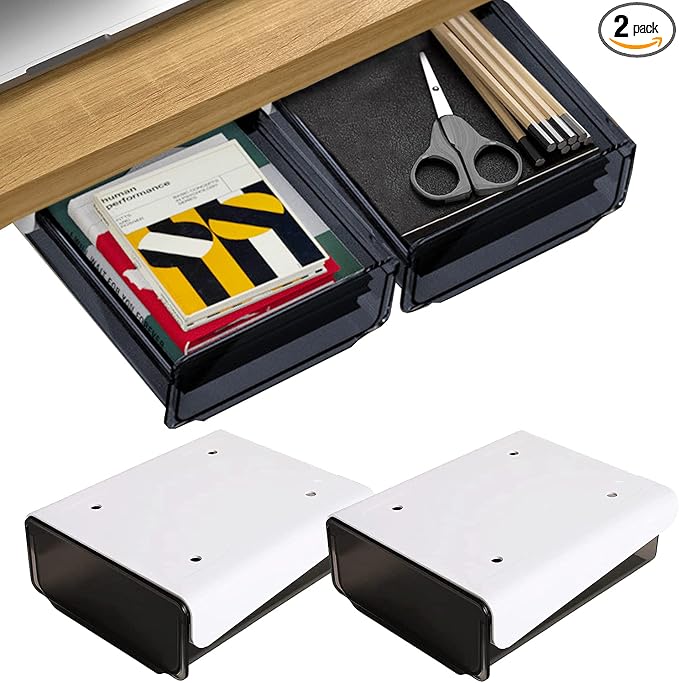 OSPNIEEK Self-adhesive Under Desk Drawer Organizer, 2 Pack Table Hidden Slide Out Large Storage Mounted Desktop Pencil Holder Tray Drawers for Office Home School Stationery Kitchen (Black)