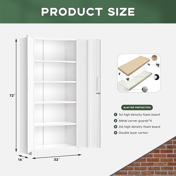 Greenvelly Metal Storage Cabinet, 72" Locking Metal Garage Storage Cabinet with Doors and 4 Adjustable Shelves, White Lockable Steel Cabinet for Home Office, Garage, Shop, School (32" W x 16" D)