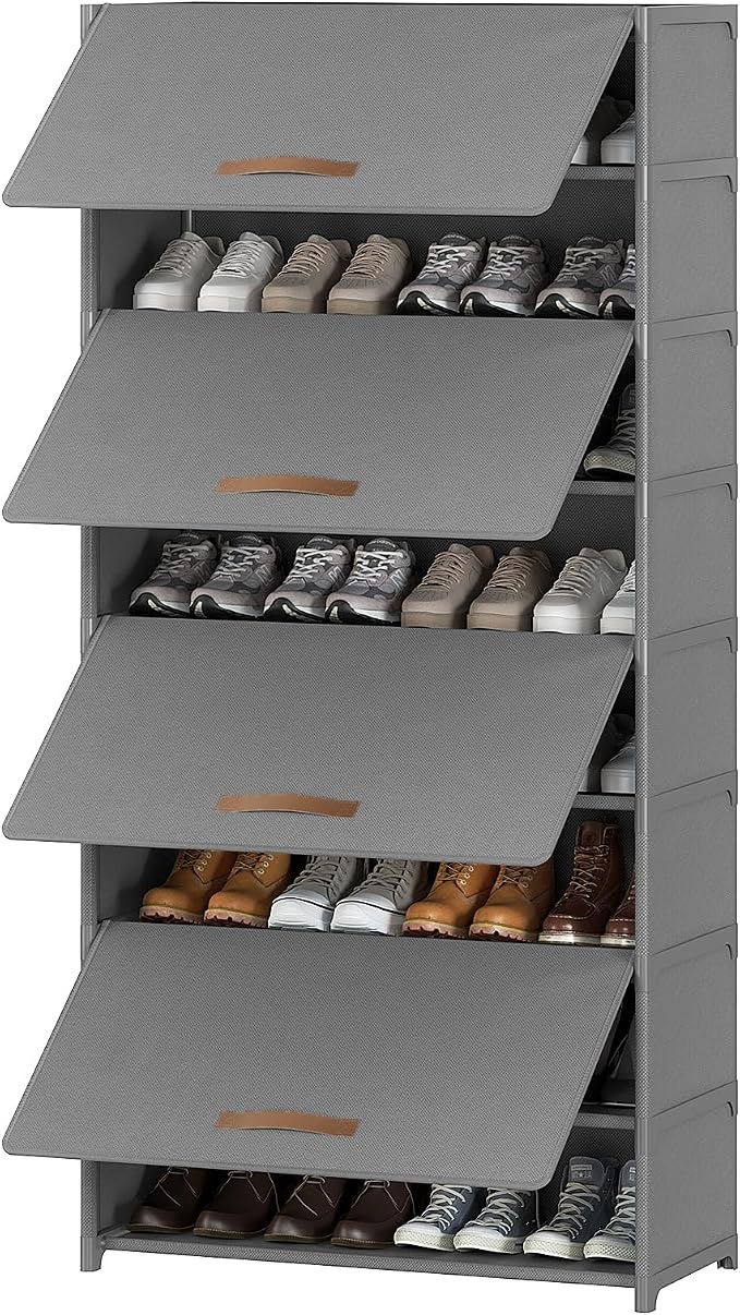 9 Tier Shoe Cabinet with Door, 36-Pair Storage, Grey | Max Capacity for Large Families, Door Prevents Dust & Pet Damage, Holds All Shoe Types, Easy Connector Assembly