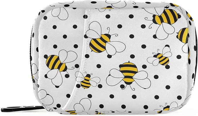Bees on Polka Dots Pill Box 7 Day Pill Case Travel Pill Organizer Bag with Zipper Portable Weekly Case Compact Size for Vitamin Supplement Holder