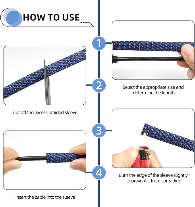 Braided Cable Sleeving, PET Expandable Braided Cable Sleeve, Flexible Mesh Sleeving Cord Management for Audio Video and Other Home Device, Cord Protector from Pets (Black Blue-2, 1/4")