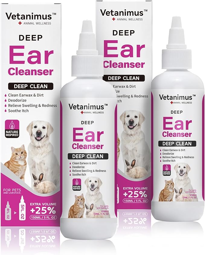Ear Cleanser 150ml/5 fl.oz for Dogs Cats and Livestock Gentle Cleansing and Soothing Ears 2 Bottle Set