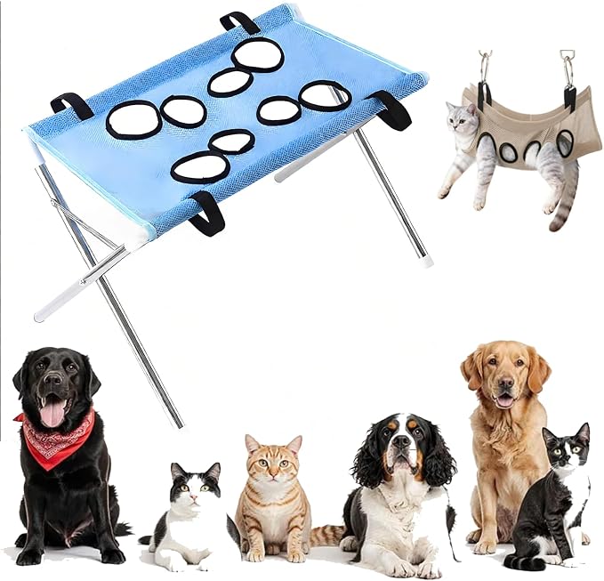 Dog Grooming Hammock, 2-in-1 Foldable Pet Bathing Bed with Stand，Blue | Pet Grooming Hammock, Dog Bath & Paw Wash Sling for Small Large Dogs, Nail Trimming, Shower Hammock, Foldable Stand