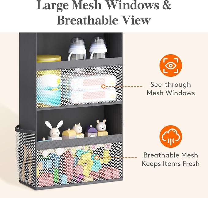 Lifewit 4 Tier Over the Door Organizer, Diaper Hanging Storage, Gray | Nursery Sturdy Large Heavy Duty Back of Door Shelf with 4 Mesh Side Pockets, for Baby Stuff Toy in Pantry, Laundry, Bathroom