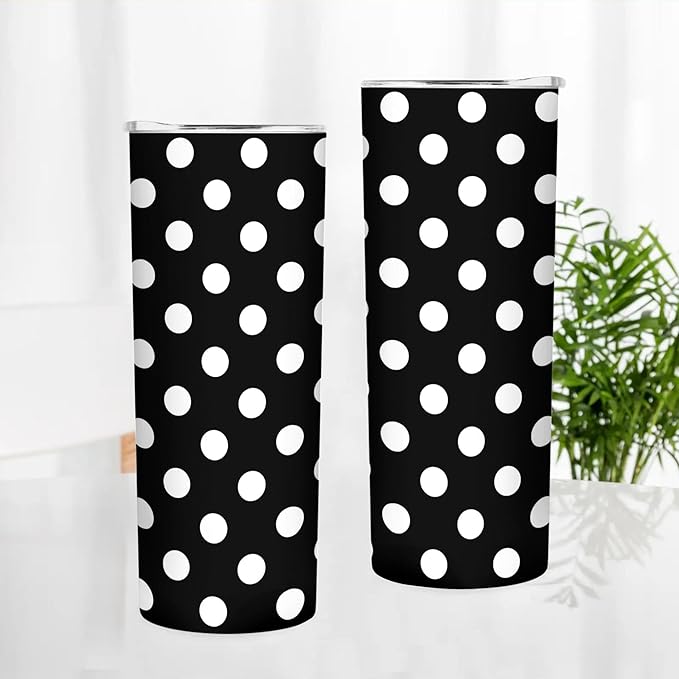 20 oz Insulated Stainless Steel Tumbler Mug, White Black Polka Dot Cup with Lid, Hot and Cold Insulation Presents for Men Women Teens