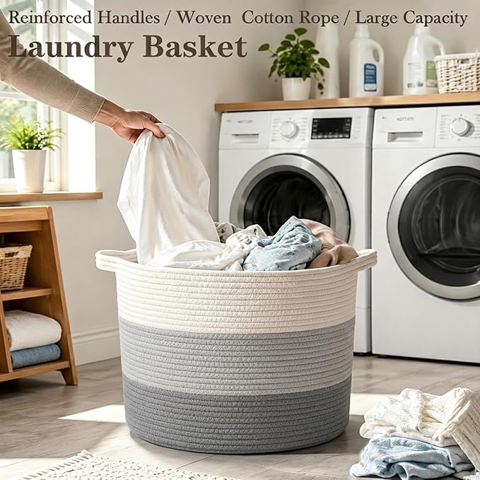 115L Extra Large Blanket Basket,Woven Rope Laundry Basket-Grey | Collapsible, reinforced handles, nursery storage bin organizes clothes, toys and pillows for living room, bedroom bathroom