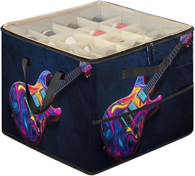TropicalLife Colorful Guitar Shoe Organizer for Closet | Music Theme Foldable Shoe Storage Organizer Box Bin with Adjustable Dividers and Clear Cover, Fits up to 16-32 Pairs