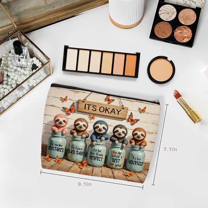 Cute Sloth Gifts Cosmetic Bag, Watercolour Travel Organizer Zipper Pouch | Inspirational Quote Makeup Bag Animal Lovers Gift for Women Girls Best Friend, Sloth Gifts for Women