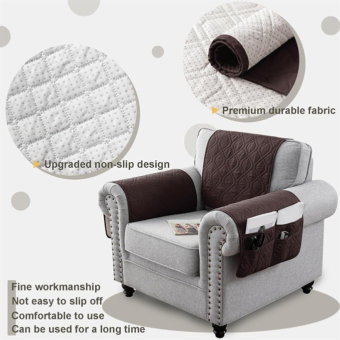 Recliner Armrest Cover with Headrest, Chair Armrest Slipcover with Side Pockets, Water-Resistant, Non Slip Furniture Protector for Pets(Brown,1 Seater 3PCS)
