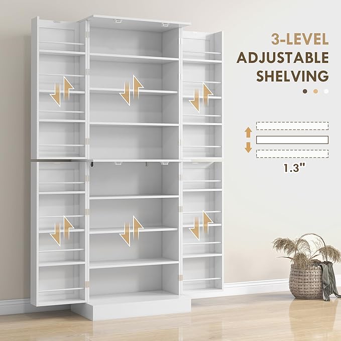 HOMCOM 65" Kitchen Pantry Storage Cabinet 16 Door Shelves White | Freestanding Kitchen Cabinet, 4 Doors, 8-Tier Shelving, Adjustable Shelves