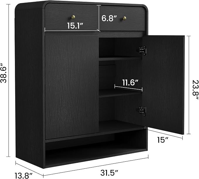 Garvee Shoe Cabinet with 2 Doors and 2 Drawers, Freestanding Wood Shoe Storage Organizer with Open Bottom Shelf, Modern Entryway Shoe Cabinet for Hallway, Foyer, Black
