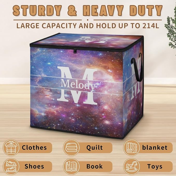 Custom Name Large Clothes Storage Organization with Lids, Kids Toys Bin Shelf Basket, Bedding Clothes Storage Bin for Nursery, Gift Basket, Space Universe Galaxy Background with Initial Letter