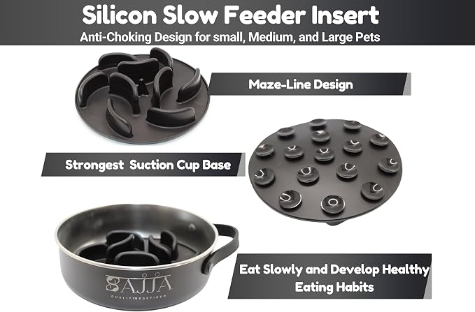 Black Slow Feeder Travel Dog Bowl Set – 30oz Stainless Steel + 20oz Collapsible Silicone Dish + Silicone Slow Feeder Insert | Water Bottle Holder | Non-Slip, Anti-Choking, BPA-Free – Claim