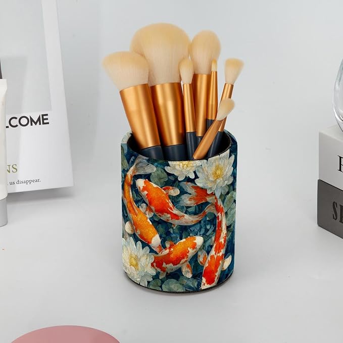 Faux Leather Pen Holder for Desk, Pencil Organizer Lucky Fish Pen Cup Desk Decor Makeup Brush Holder Storage for Office Home