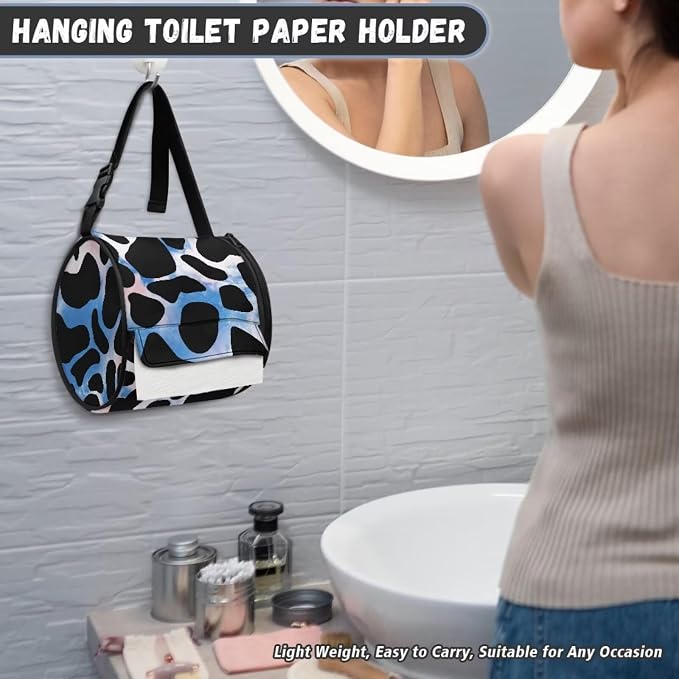 Blue Cow Hanging Paper Towel Roll Holder with Adjustable Strap Water Resistant Toilet Tissue Roll Dispenser Handy Toilet Paper Cover Storage Holder