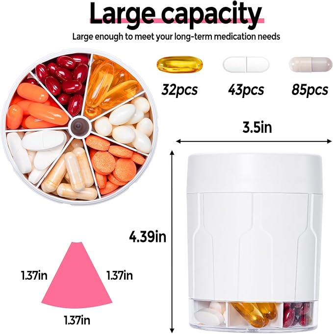 Betife XXL 7-Day Pill Organizer, Large Travel Pill Dispenser Bottle | Anti-mix, BPA-free ABS, Holds 32 fish-oil softgels per compartment, 21 labels, Pocket-size for travel, supplements.