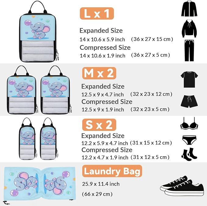 Blue Elephant 6 Set Compression Packing Cubes Cute Expandable Packing Organizer for Travel Accessories Luggage Suitcase Bag