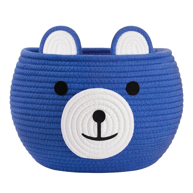 CherryNow Baby Basket for Gifts Empty, Cute Bear Design, Blue | 10.5" x 8.5" Baby Shower Basket for Kids Boys Newborn Storage, Toy Basket for Living Room Nursery Décor, Soft Cotton Rope