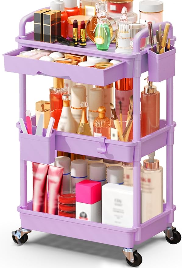 SUNALLY Makeup Cart Organizer with Drawer,3 Tier Rolling Makeup Cart,Purple | Rolling Vanity Storage for Skin Care Perfume Nail Polish, Floor Skincare Organizers Cosmetics Display Bathroom Storage Cart