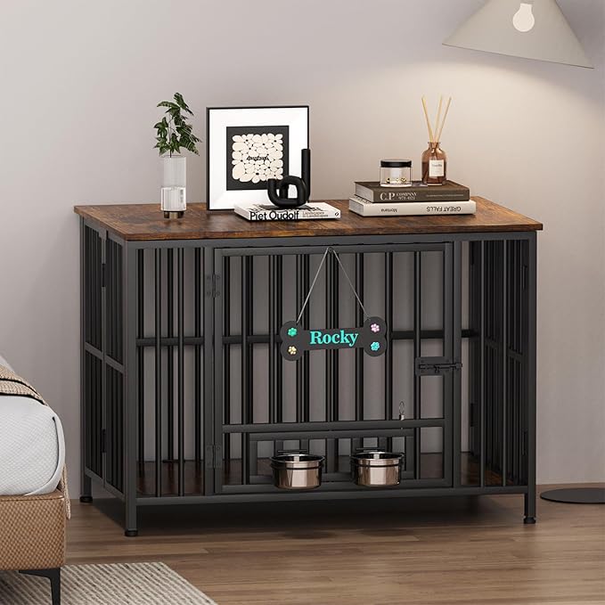 Easycom 31" Dog Crate Furniture Foldable, No Assembly, Rustic Brown | Decorative Wooden Dog Kennel Indoor With Adjustable Bowls and Name Tag, Medium Dogs(20-35 lbs), End Table