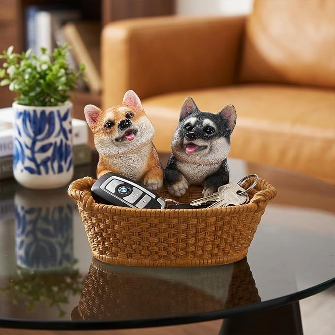 Resin Double Shiba Inu Desktop Storage Basket, Decorative Catchall Bowl & Key Tray for Entryway Table, Cute Dog Statue Organizer, Pet Lover Gift