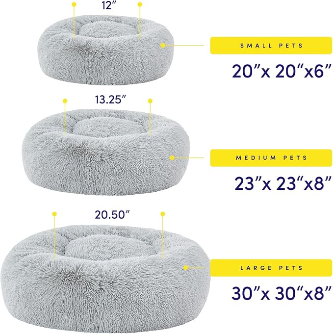 Dog & Cat Bed: Round Faux Fur Pet Bed - Plush, Cozy, & Calming Donut Bed for Large Pets - Soft & Comfortable Sleeping Cushion for Napping & Lounging, 30" Round, Silver
