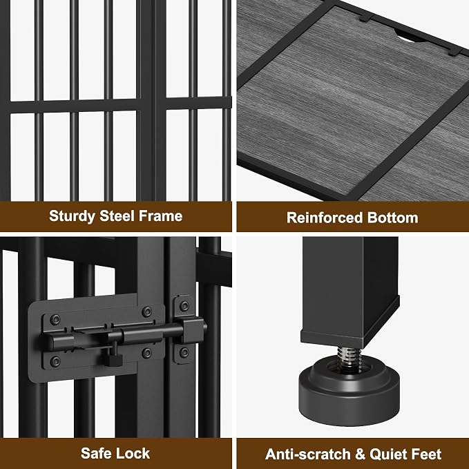 Easycom 43" Dog Crate Furniture Foldable, No Assembly Decorative Dog Kennel Indoor, XL Dog Crates for Large Dogs (60-80 lbs), Wooden Dog Cage with Adjustable Bowls and Name Tag, Dark Grey