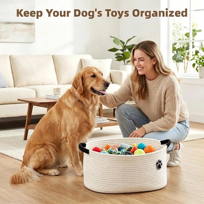 Optish 40L Extra Large Dog Toy Basket, 20" x 14" x 9" XL Toy Storage Box and Bin with Handles, Woven Cotton Rope Foldable Basket for Blankets, Living Room, Bedroom, Home Decor, White