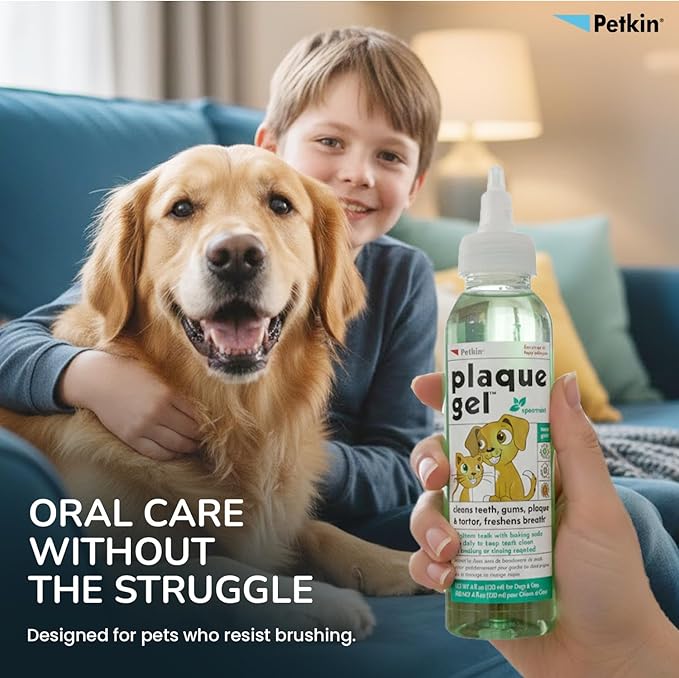 Petkin Plaque Remover Gel – Cleans Teeth and Gums, Removes Plaque and Tartar - Freshens Breath and Whitens Teeth with Baking Soda - Ideal for Daily Use, No Brushing or Rinsing - 4 fl oz