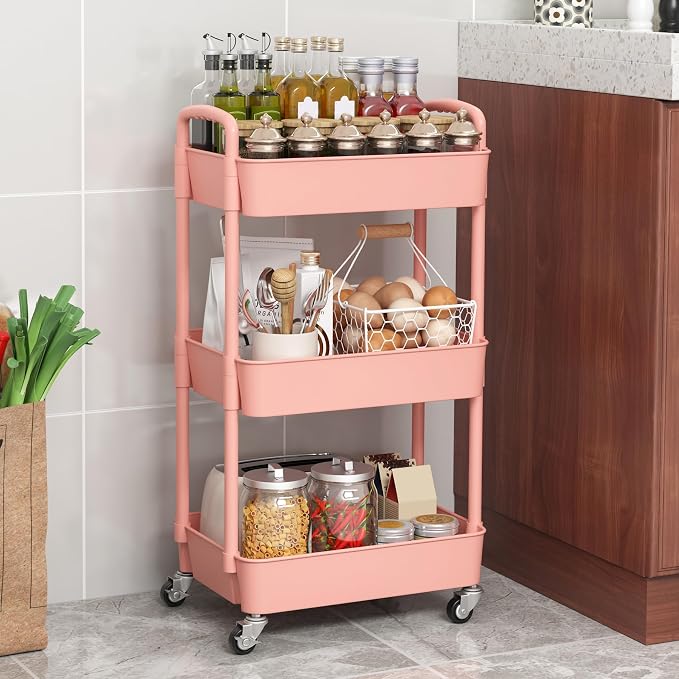 Sywhitta 3-Tier Plastic Rolling Utility Cart with Wheels for Storage, Pink | Multi-Functional Storage Trolley, for Office, Living Room, Kitchen, Bathroom,Movable Organizer,Space-Saving,Easy to assemble