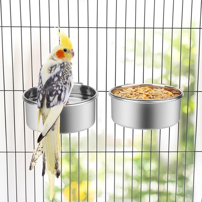 Wontee Pet Food Water Bowl Stainless Steel Feeding Cups Feeder, 2 Pcs, M | Rust-proof, securely mounted to prevent tipping, removable for easy refilling and cleaning, for dogs/cats/birds/rabbits