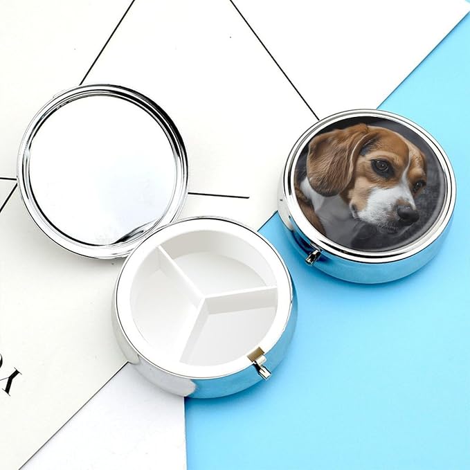 Ovely Pet Dog Beagle Round Pill Box for Organizer and Containers,Vitamin Case for Purse & Pocket Mini,Organizer Box- 3 Compartment to Hold Vitamins,Fish Oil and Supplements
