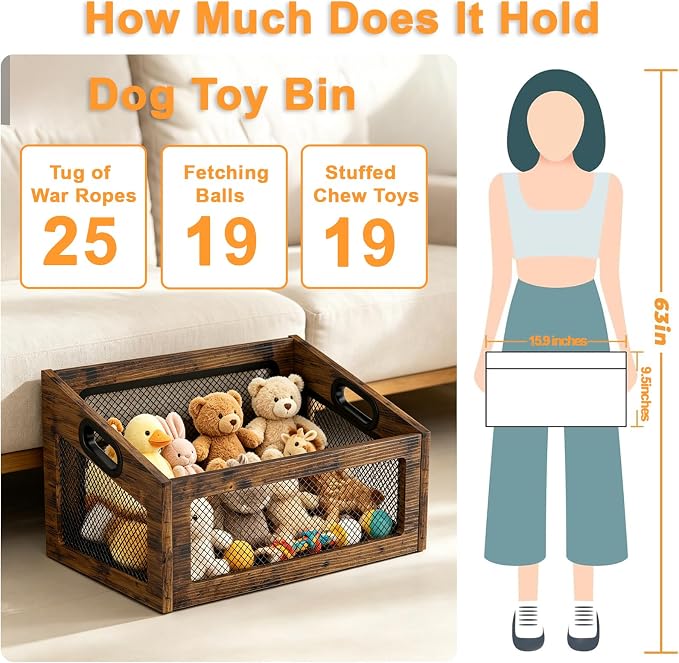 Wood Dog Toy Basket,Chew-Proof Dog Toy Box Bin | Spacious Dog Storage Organizer,Cat Toys Basket Box for Pet Toy Treat Clothes in Living Room