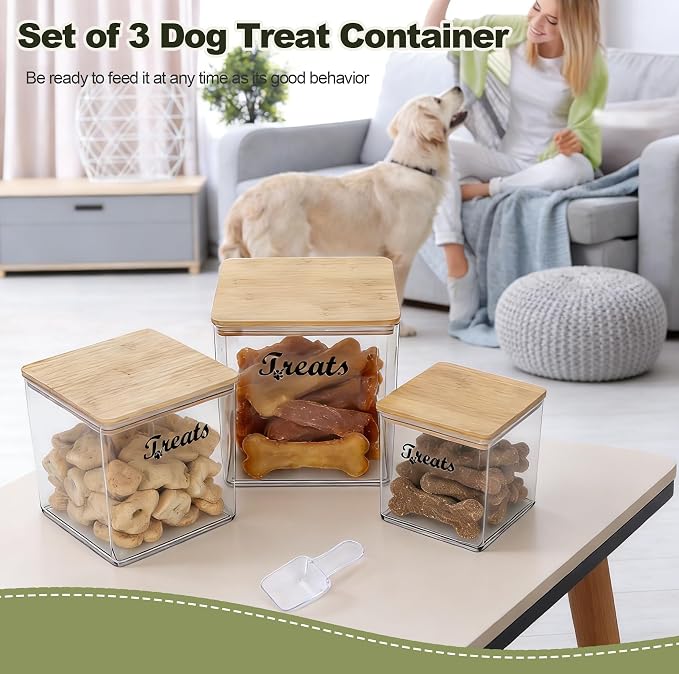 3-Piece Dog Treat Container Airtight, Square Dog Food Container With Bamboo Lid,Clear Pet Treat Bins for Kitchen Counter and Pantry,Ideal for Pet Owner