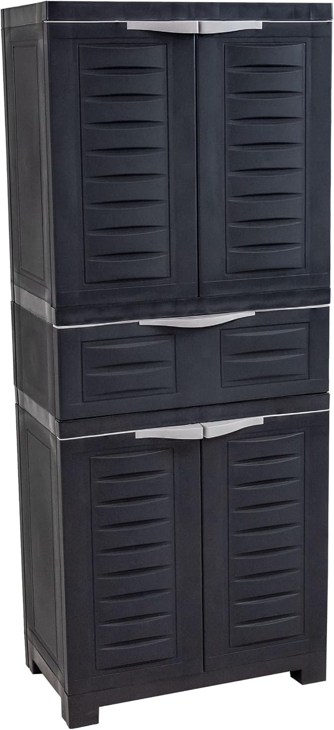 Sunnydaze 57" Garage Storage Cabinet with Doors & Shelves, Charcoal | Heavy Duty Resin Storage Cabinet Resists Rust & Peeling, Utility Cabinet with Drawer & Anti-Tip Kit for Laundry, Office