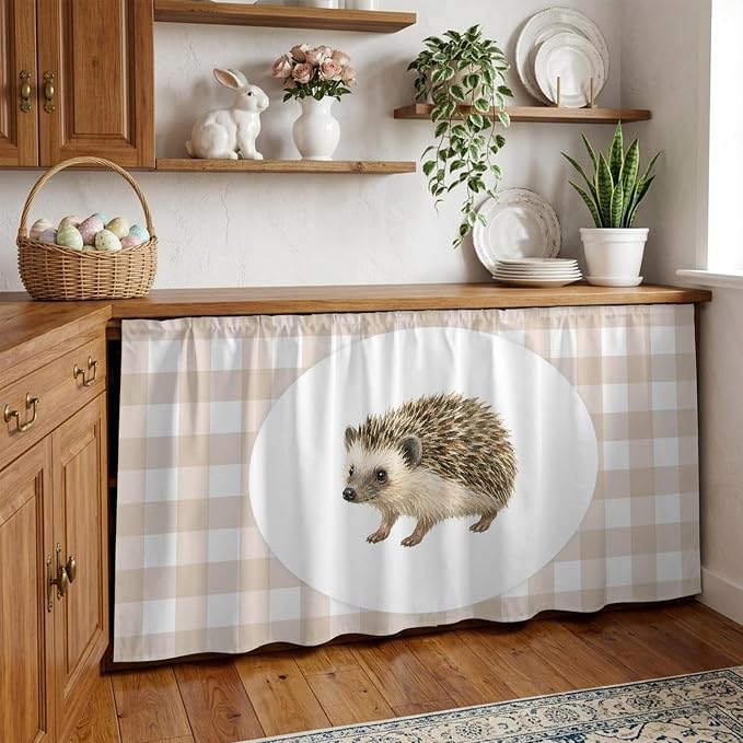 Hedgehog Cabinet Curtains 28"x51" Sink Skirt for Bathroom Kitchen, Modern Farmhouse Linen Checked Animal Self Stick Adhesive Under Desk Covers Tall Laundry Cabinet Storage Organizer