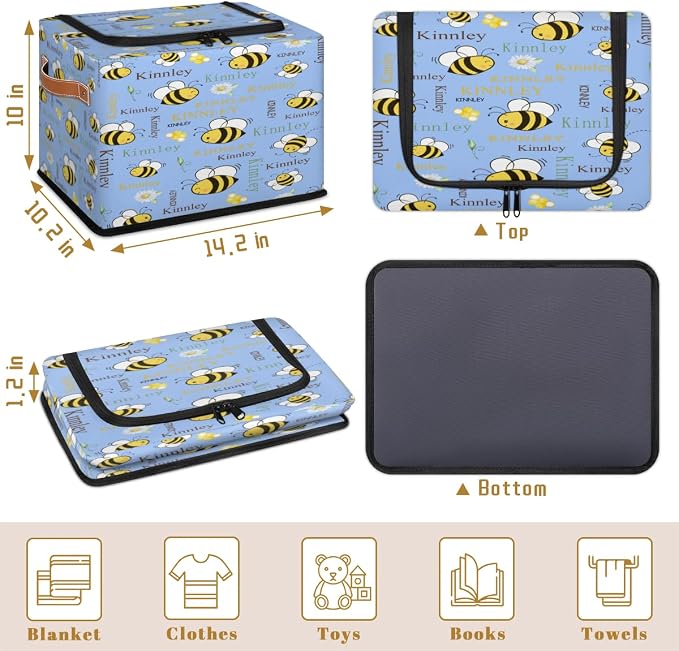 Personalized Name Storage Basket with Zipper Lid, Light Sky Blue Canvas Storage Bins Toys Clothes Organizer for Bedroom, Bathroom, Shelves, Closets, Bee with Daisy Floral