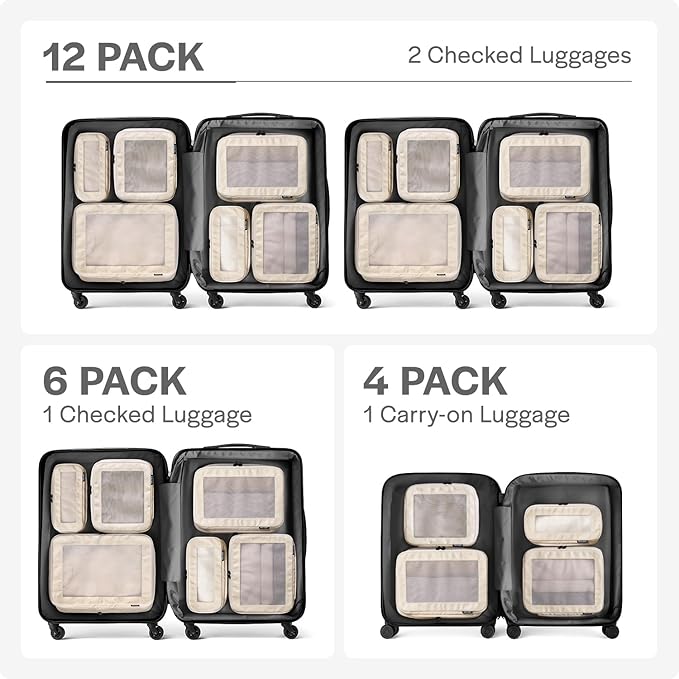 Compression Packing Cubes for Travel - Luggage Organizer Bags - Double Zipper Packing Cubes for Suitcases (12-Pack, Beige)