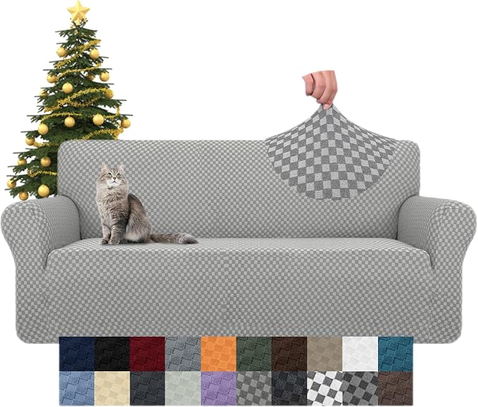 YEMYHOM Couch Cover Latest Jacquard Design High Stretch Sofa Covers for 3 Cushion Couch, Pet Dog Cat Proof Slipcover Non Slip Magic Elastic Furniture Protector (Large, Light Gray Checkered)