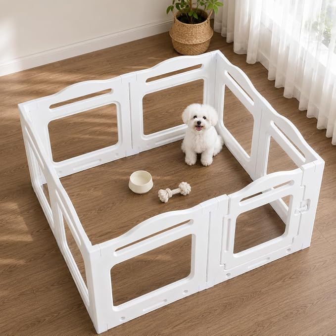 Clear Acrylic Dog Playpen Indoor, Puppy Kennel w/Locking Door, Pet Gate | 23.6 in 8-Panel Design, Easy to Clean & Install Play pen for Medium Dogs and Puppies, Stable Indoor Area Setup for Home Use