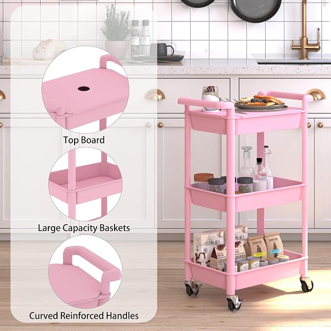 Steehoom 3-Tier Utility Rolling Cart with Cover Top Board, Mobile Utility Cart with Lockable Casters Multi-Functional Storage Trolley for Office, Bathroom, Kitchen, Garden, Laundry Room (Pink)