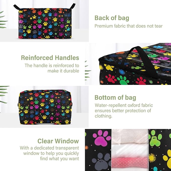 Generic Colorful Paw Prints Clothes Storage Bag Bins 2 Pack Foldable Storage Containers Large Closet Organizer with Zipper Storage Cubes for Pillows Comforters Clothing 95L, g355896602p976c1037s2358