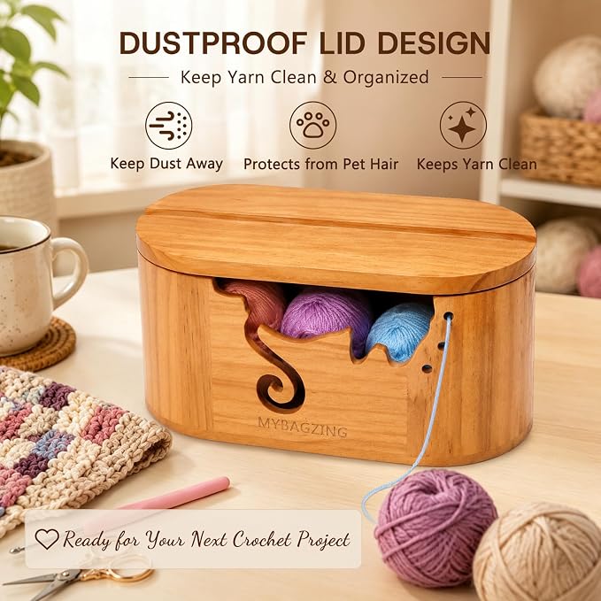 MYBAGZING Wooden Yarn Bowl with Lid, Large Acacia Crochet Yarn Holder with Phone Stand & Tool Tray, Yarn Storage Organizer for Knitting & Crocheting, Floral Design Gift for Crocheters