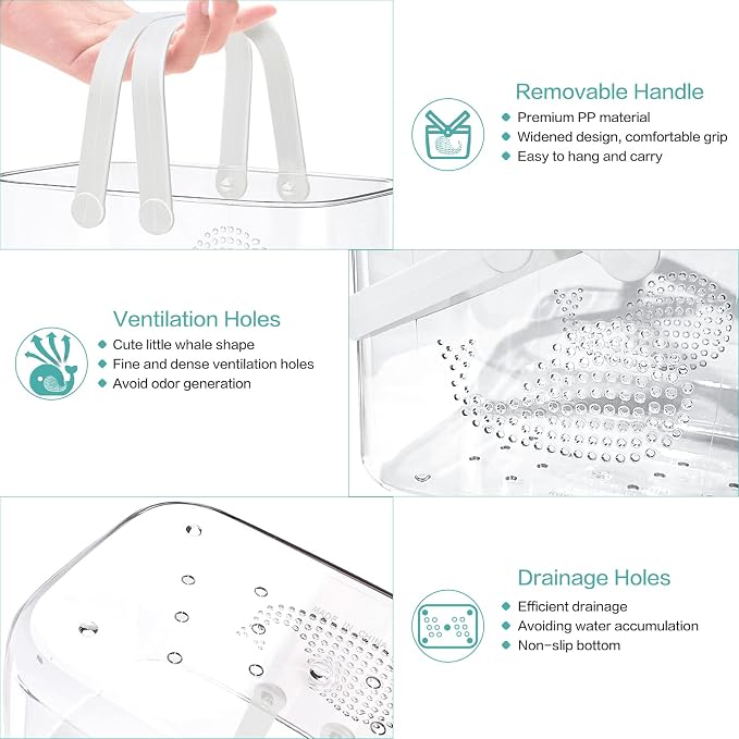 2 Pack Plastic Shower Caddy Basket for Bathroom (White+Cyan) | Portable Shower Caddy Tote Storage Basket with Colorful Handles, Clear Toiletry Organizer Bin for Kitchen College Dorm